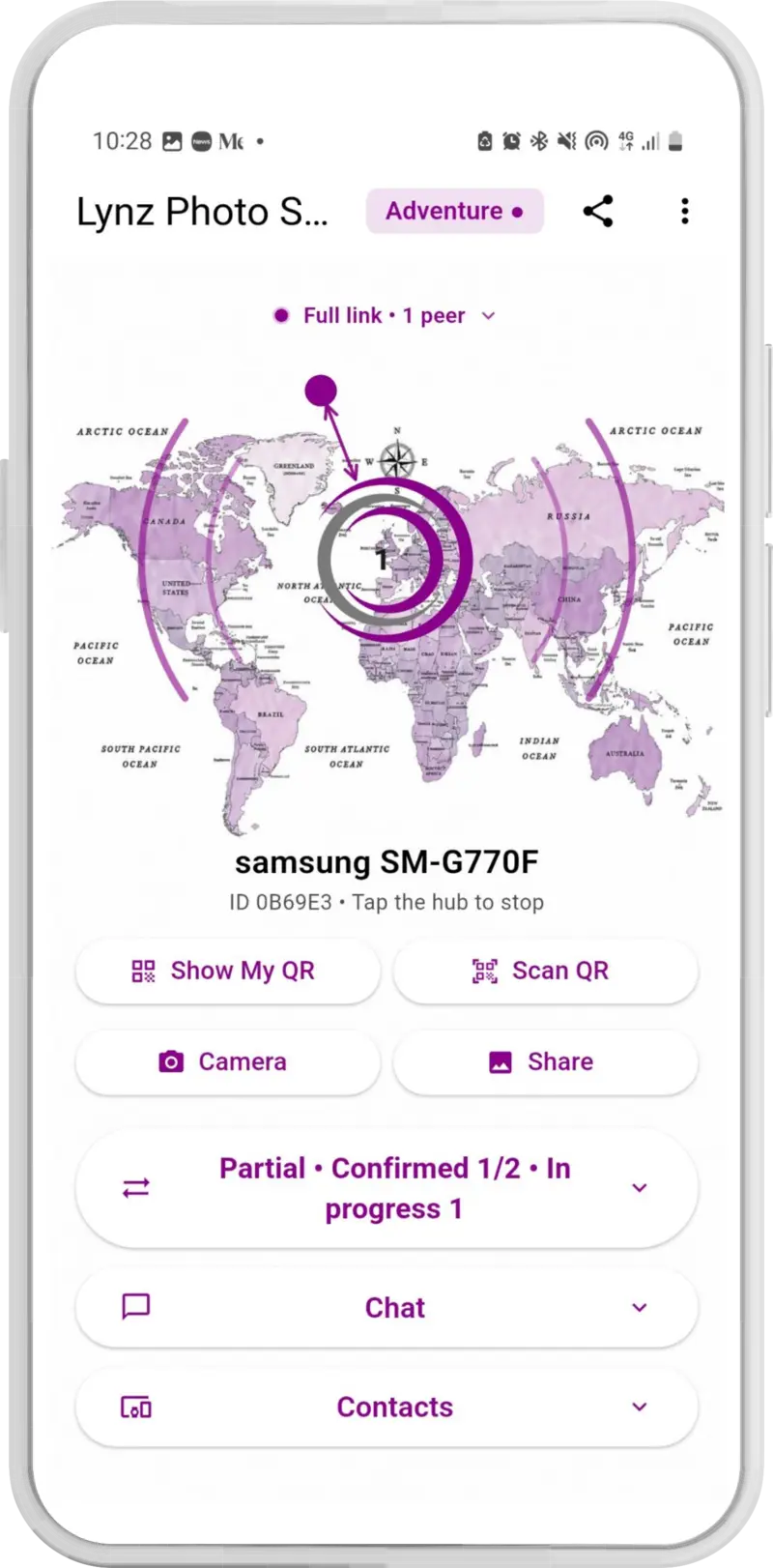 Lynz Android app in the Adventure plan: the sharing hub over a world map with one linked peer