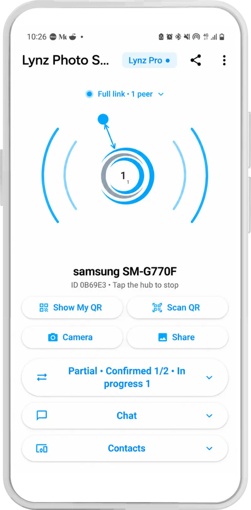 Lynz Android app in the Professional plan: the sharing hub with a blue connection ring and one linked peer